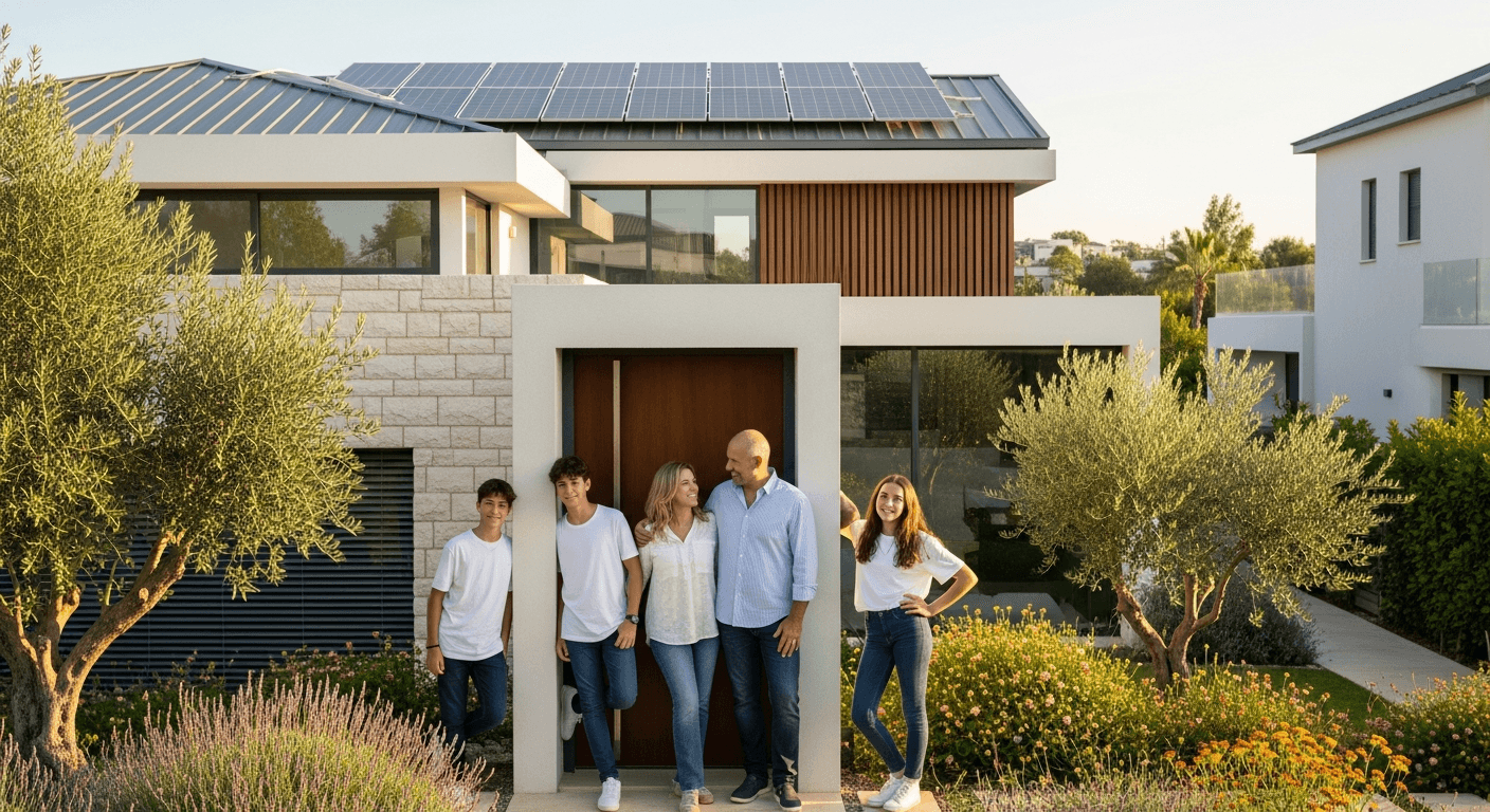 משפחה ישראלית ליד בית עם מערכת סולארית על הגג