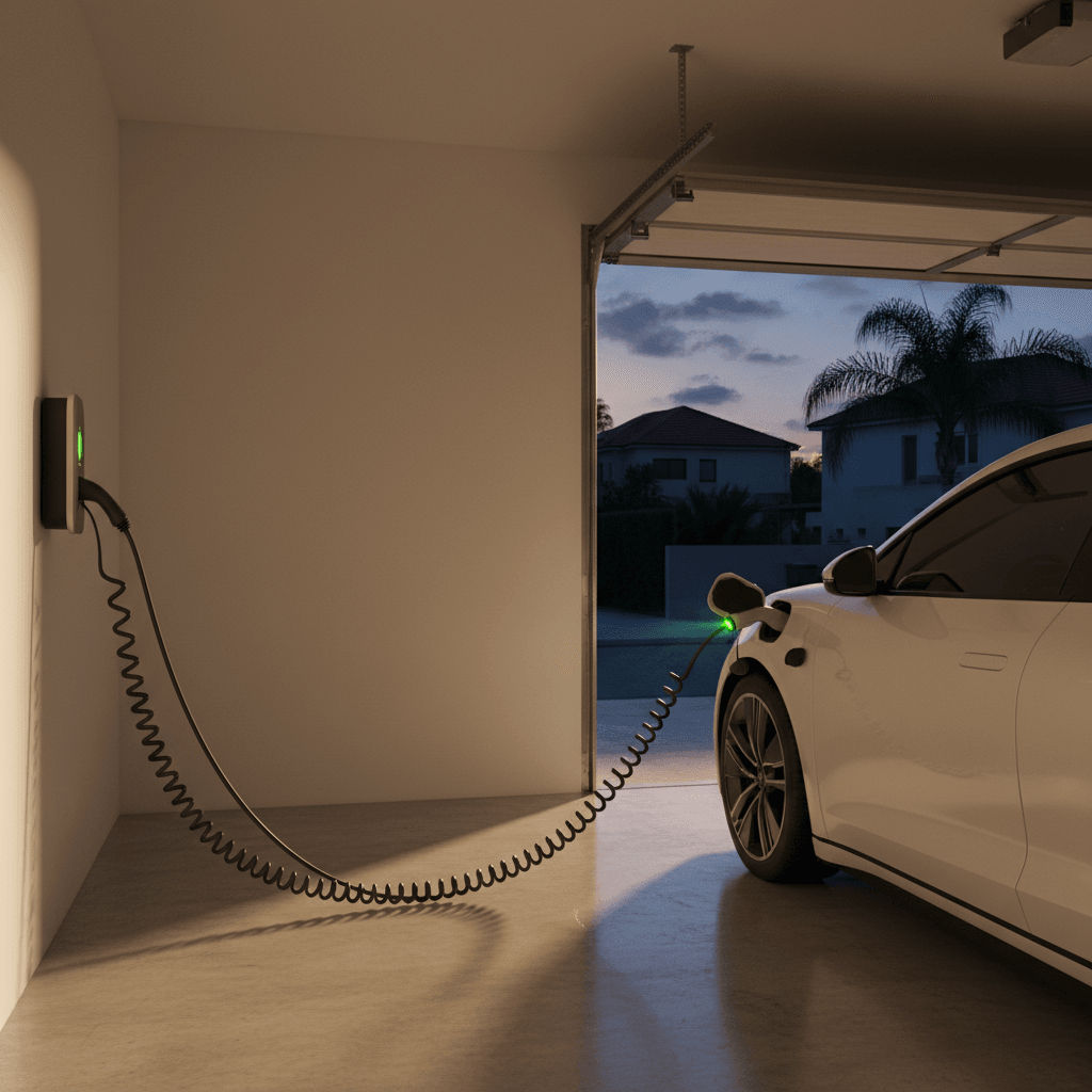 עמדת טעינה ביתית לרכב חשמלי מותקנת על קיר חניה פרטית בישראל