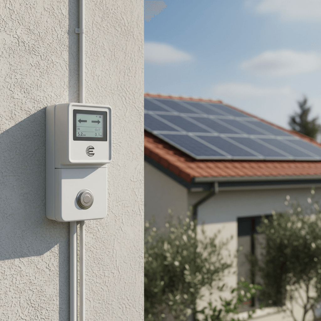 תרשים המסביר את מנגנון קיזוז נטו — זרימת חשמל בין מערכת סולארית, בית ורשת החשמל