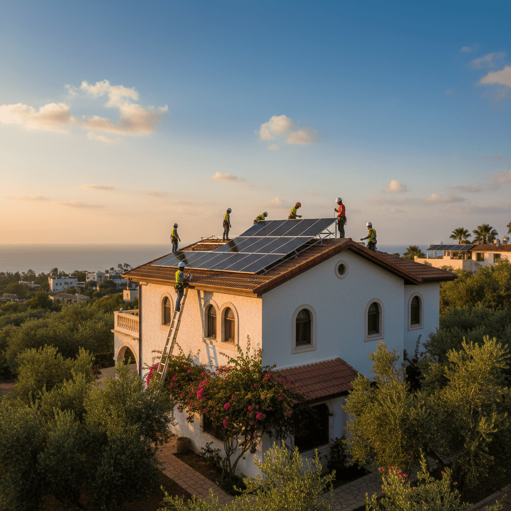 בית עם פאנלים סולאריים על הגג