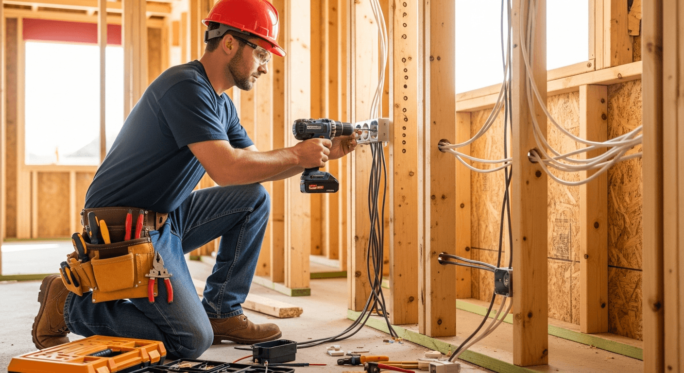 חשמלאי מתקין שקעים וחיווט חשמלי בבנייה חדשה