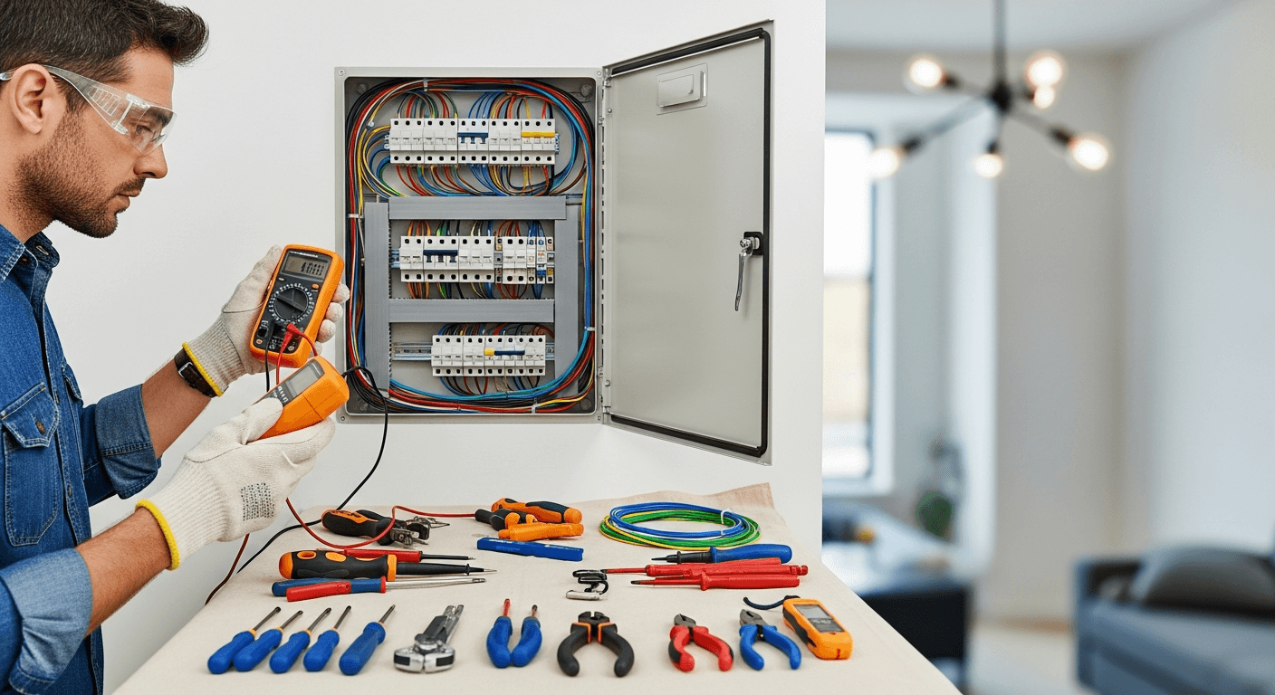 חשמלאי מוסמך עובד על לוח חשמל בדירה בישראל