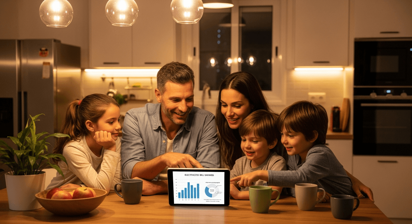 משפחה ישראלית בודקת חיסכון בחשבון חשמל על טאבלט