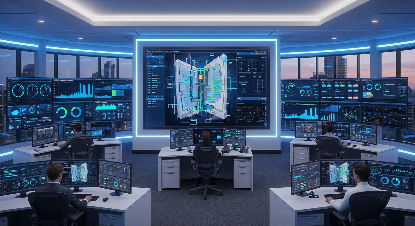 חדר בקרה לניהול אנרגיה חכם עם מסכי ניטור בזמן אמת