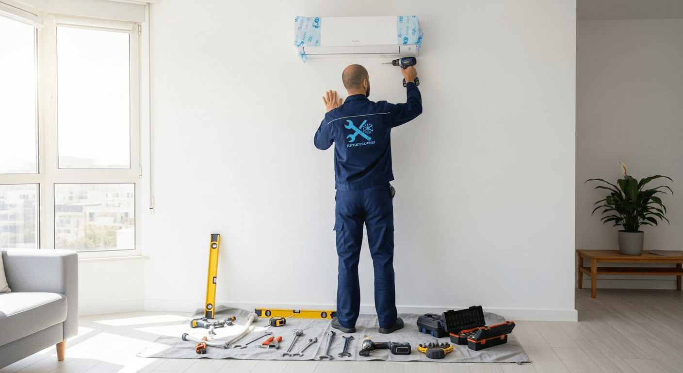 טכנאי מתקין מזגן ספליט על קיר בית בישראל