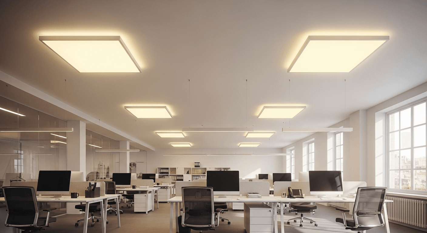 תאורת LED מודרנית במשרד — חיסכון אנרגטי ואיכות אור גבוהה