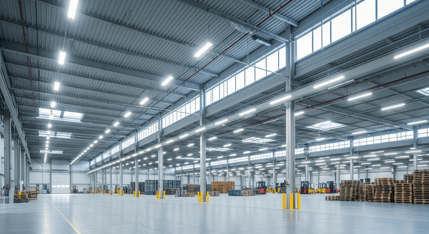 תאורת LED תעשייתית במחסן — highbay LED לחיסכון משמעותי בחשמל